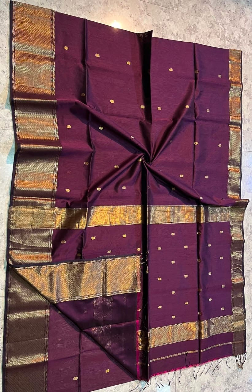 Wine Maheshwari silk  Handloom Zari Saree