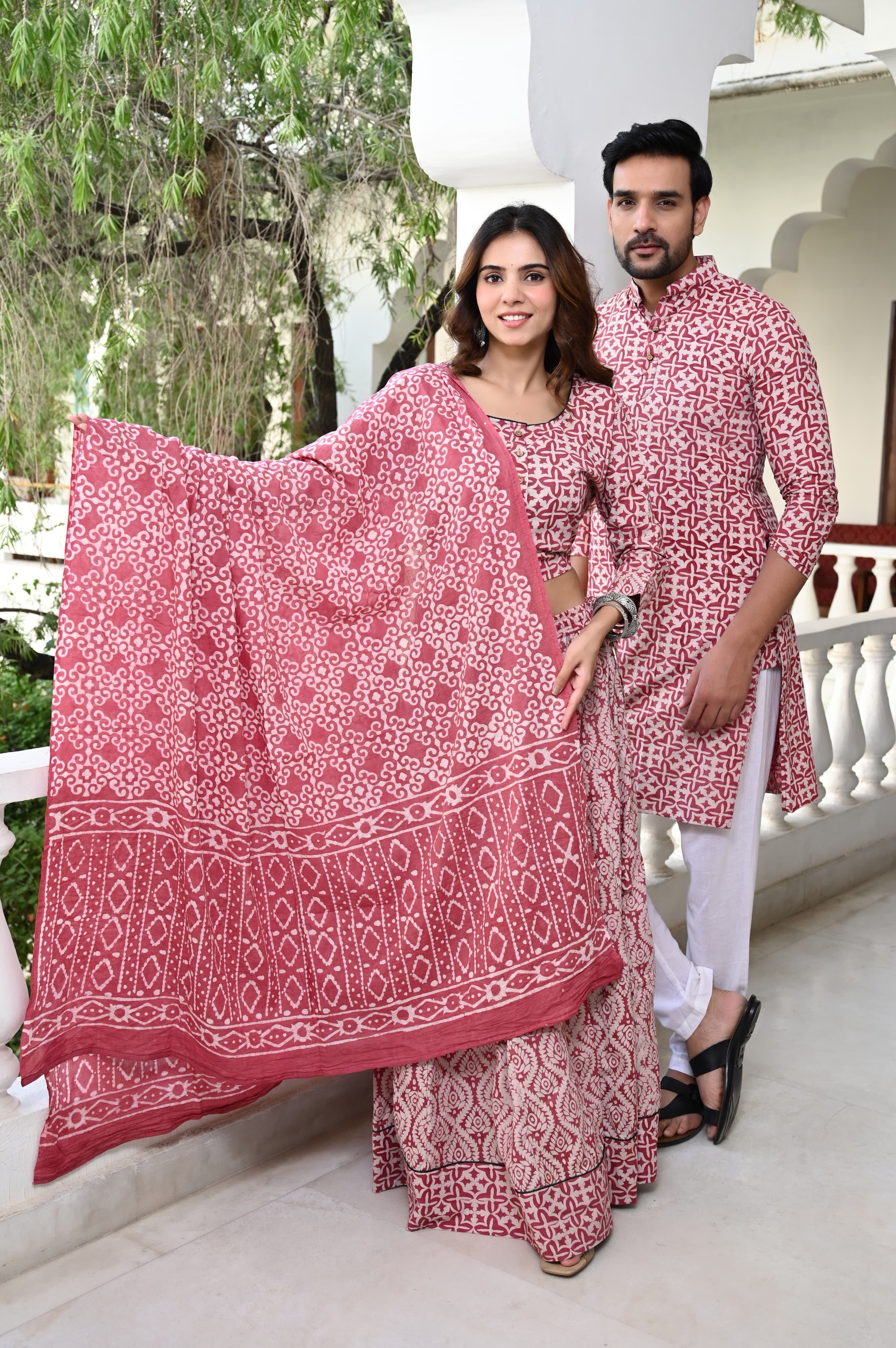 Pink Pure Cotton Twinning Couple Set In Block Print