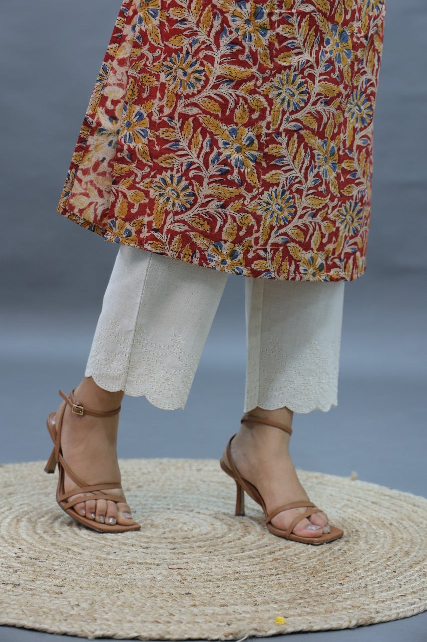 Cream Straight Pant In Khadi Cotton Embriodery Work