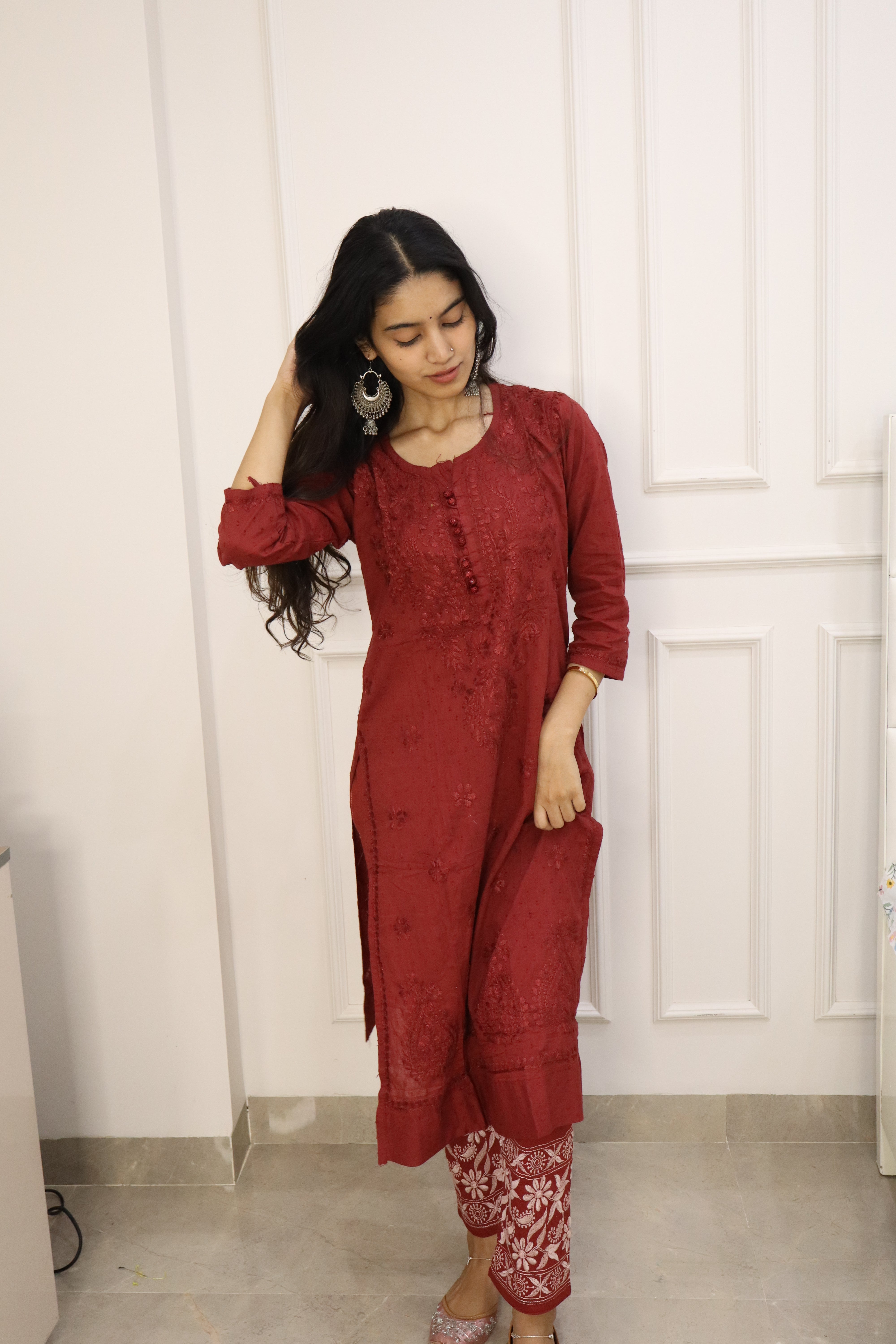 Coke Color Chikankari cotton Kurti With Pant