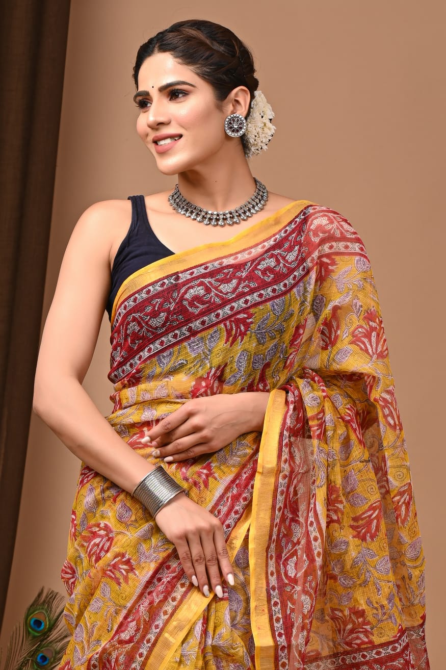 Trending Yellow Kota Doria Traditional Print Saree