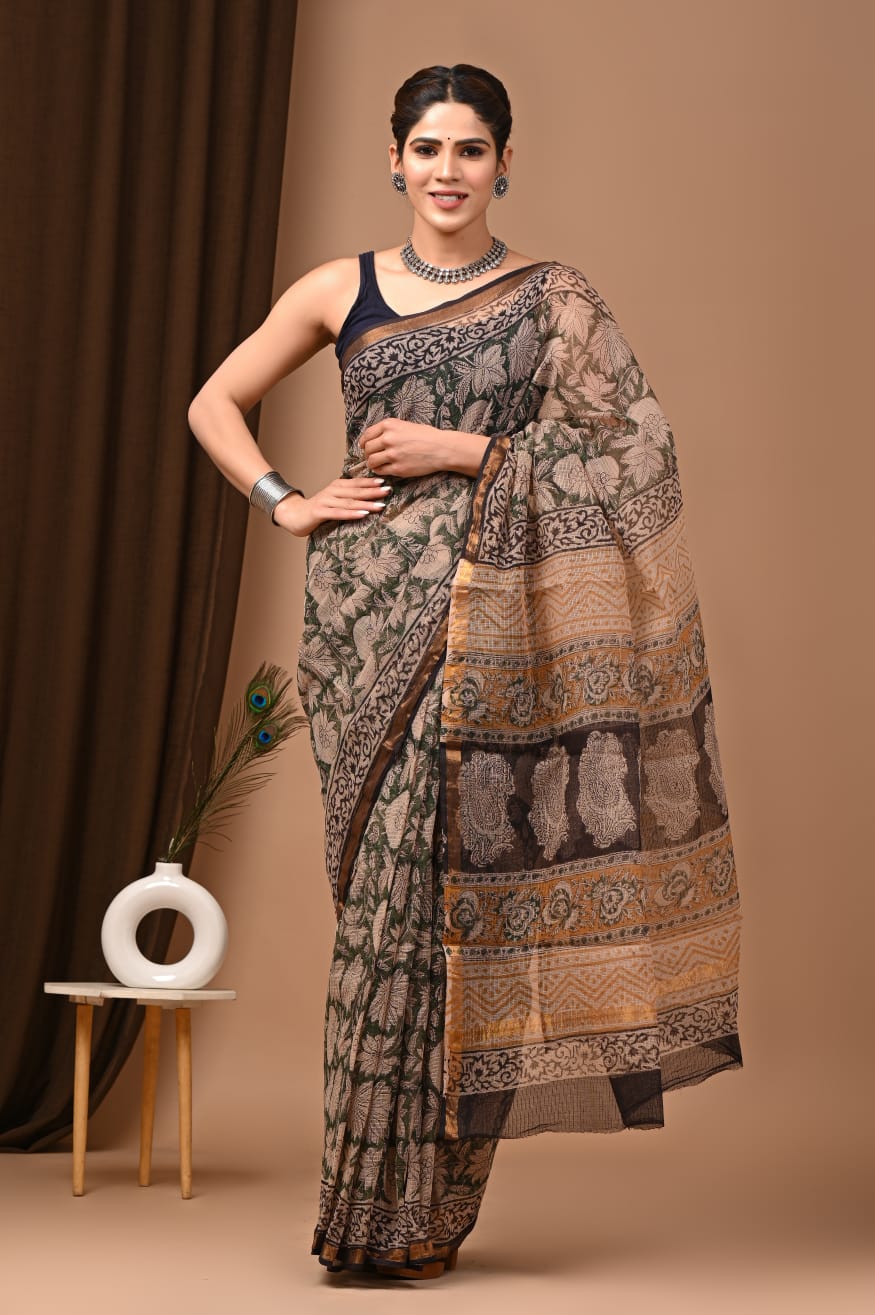 Trending Brown Black Kota Doria Traditional Print Saree