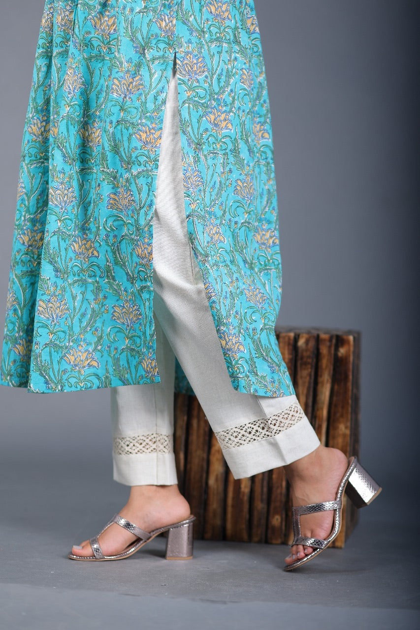 Cream Straight Pant In Khadi Cotton With Karachi Lace