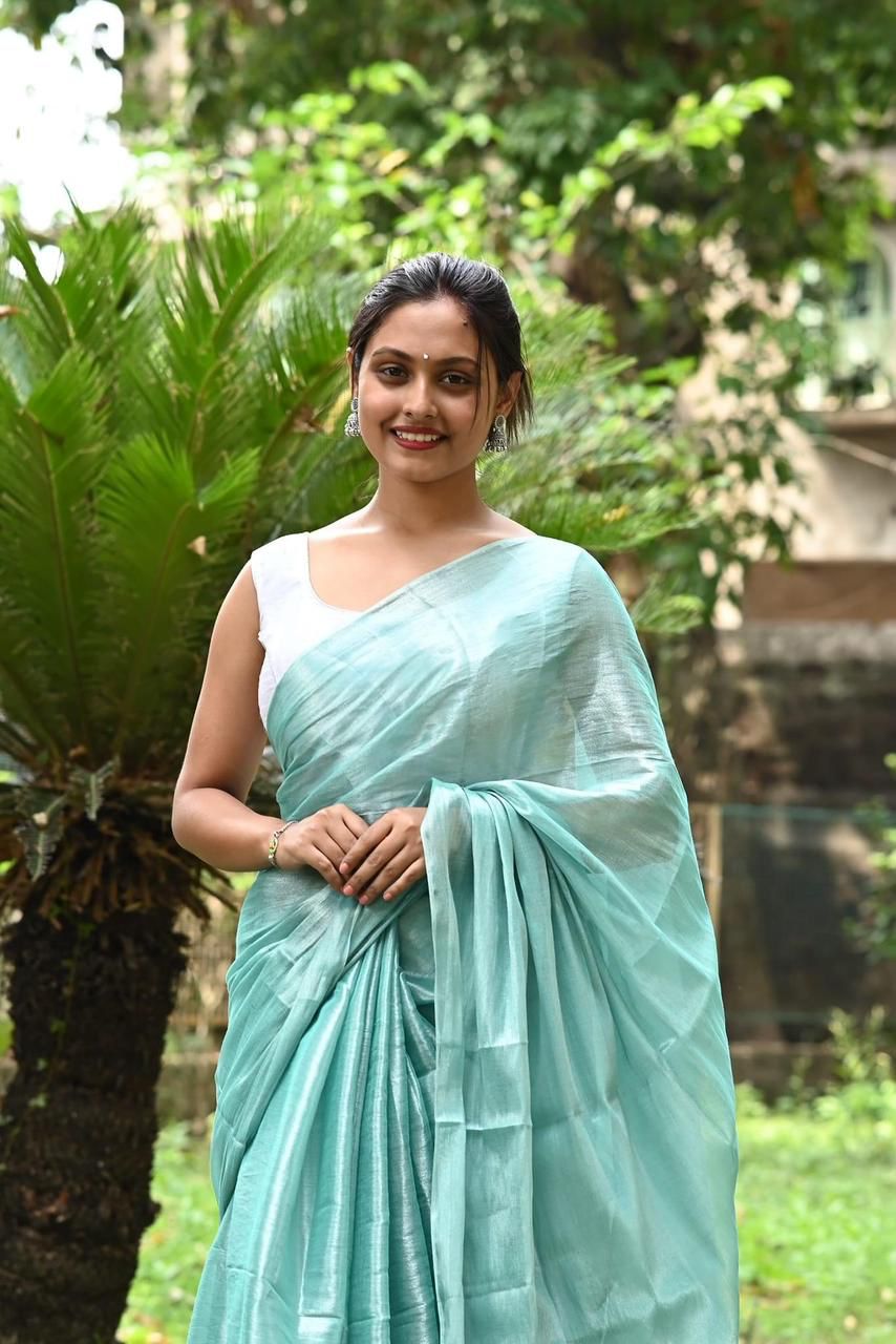 Sea Green Tissue Silk Saree With Blouse