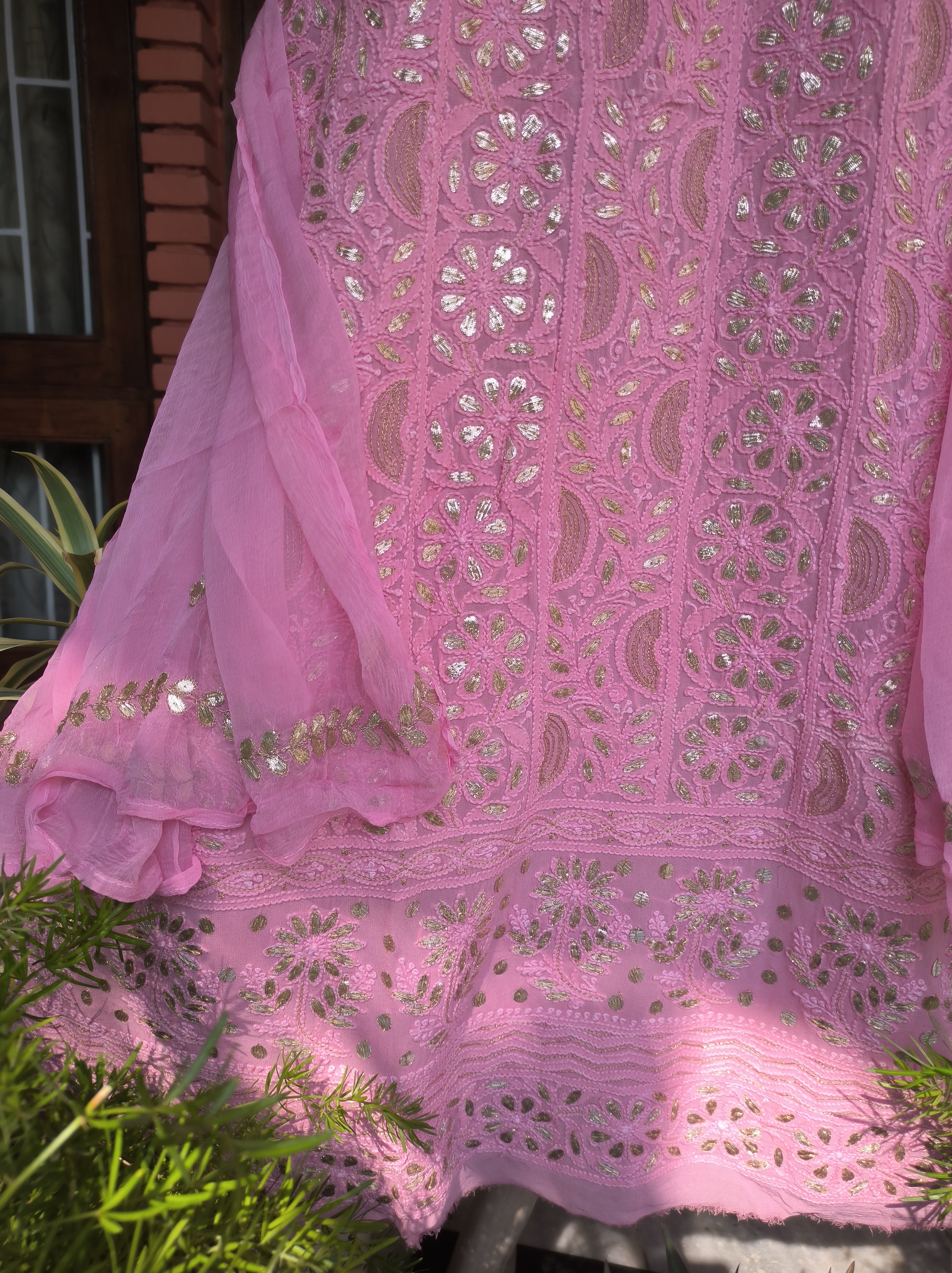 Pink Lucknowi Chikankari Gota Patti Salwar Suit(Dress Material)