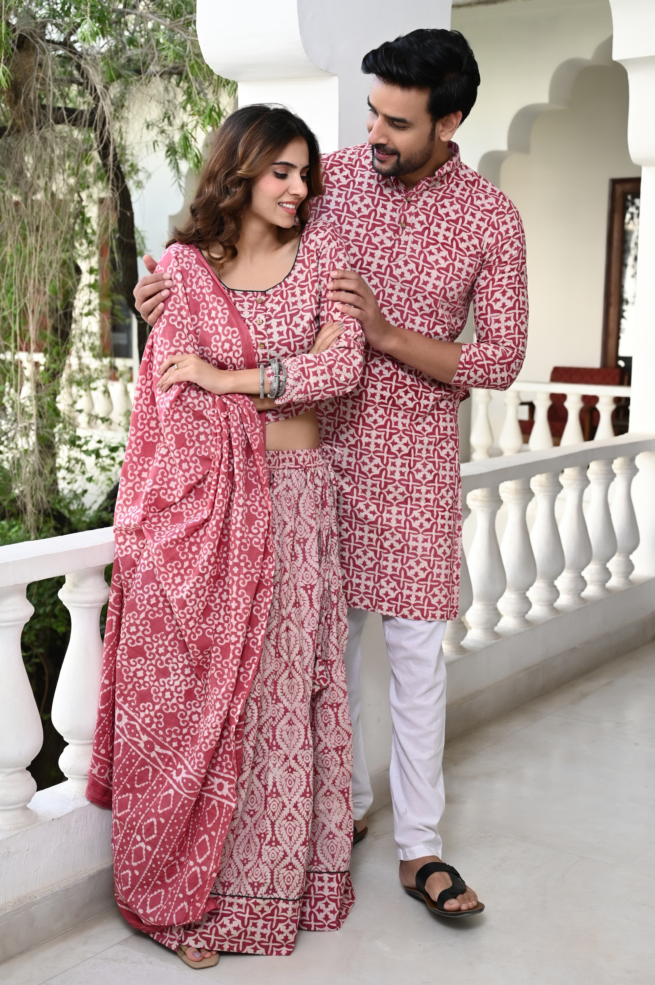 Pink Pure Cotton Twinning Couple Set In Block Print