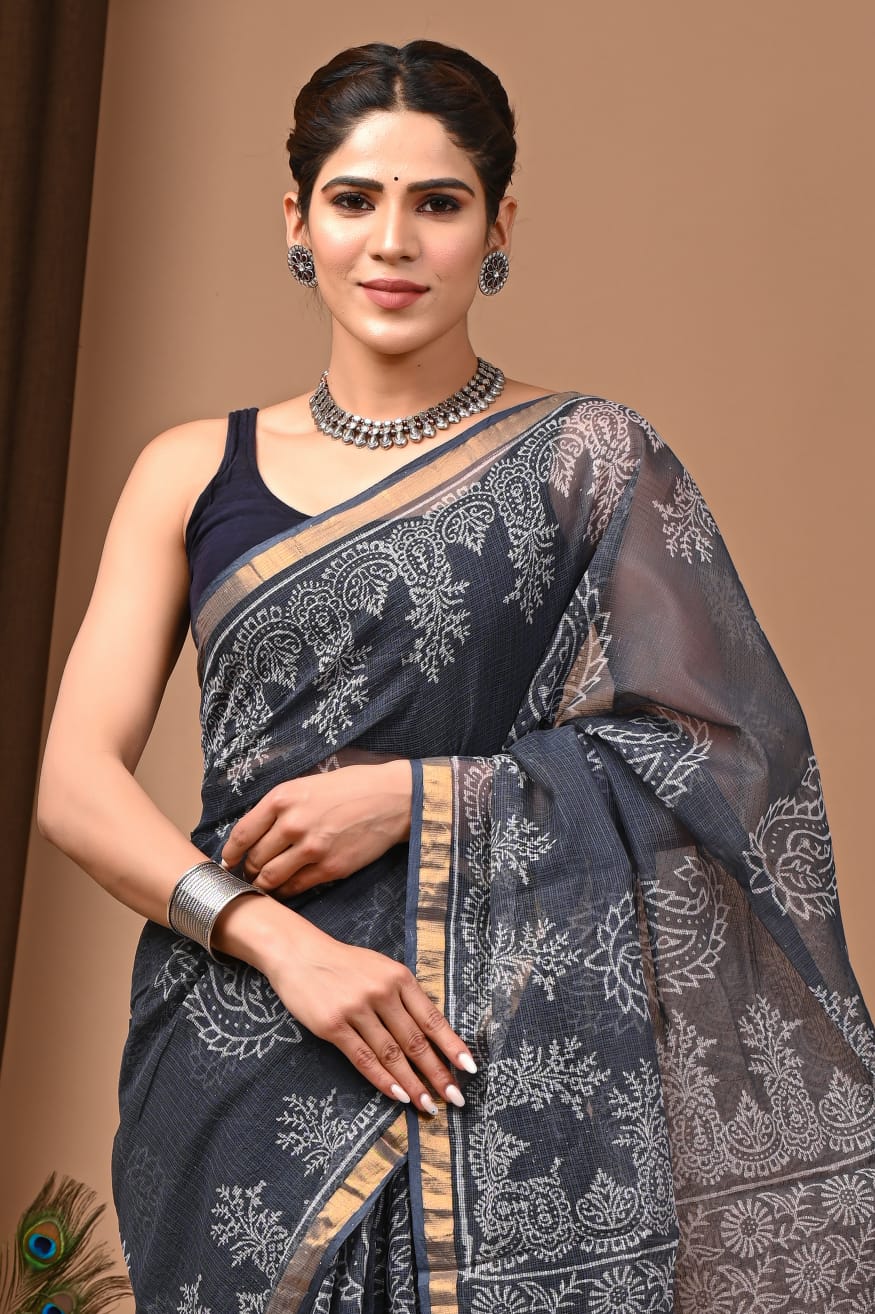 Elegant  Blue Traditional Kota Doria Print Saree