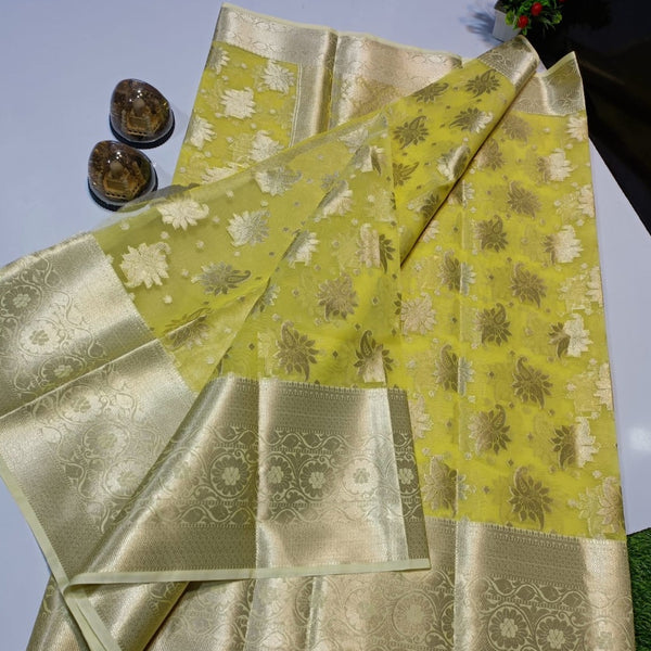 Lemon Yellow Banarasi Semi Kora Organza Saree