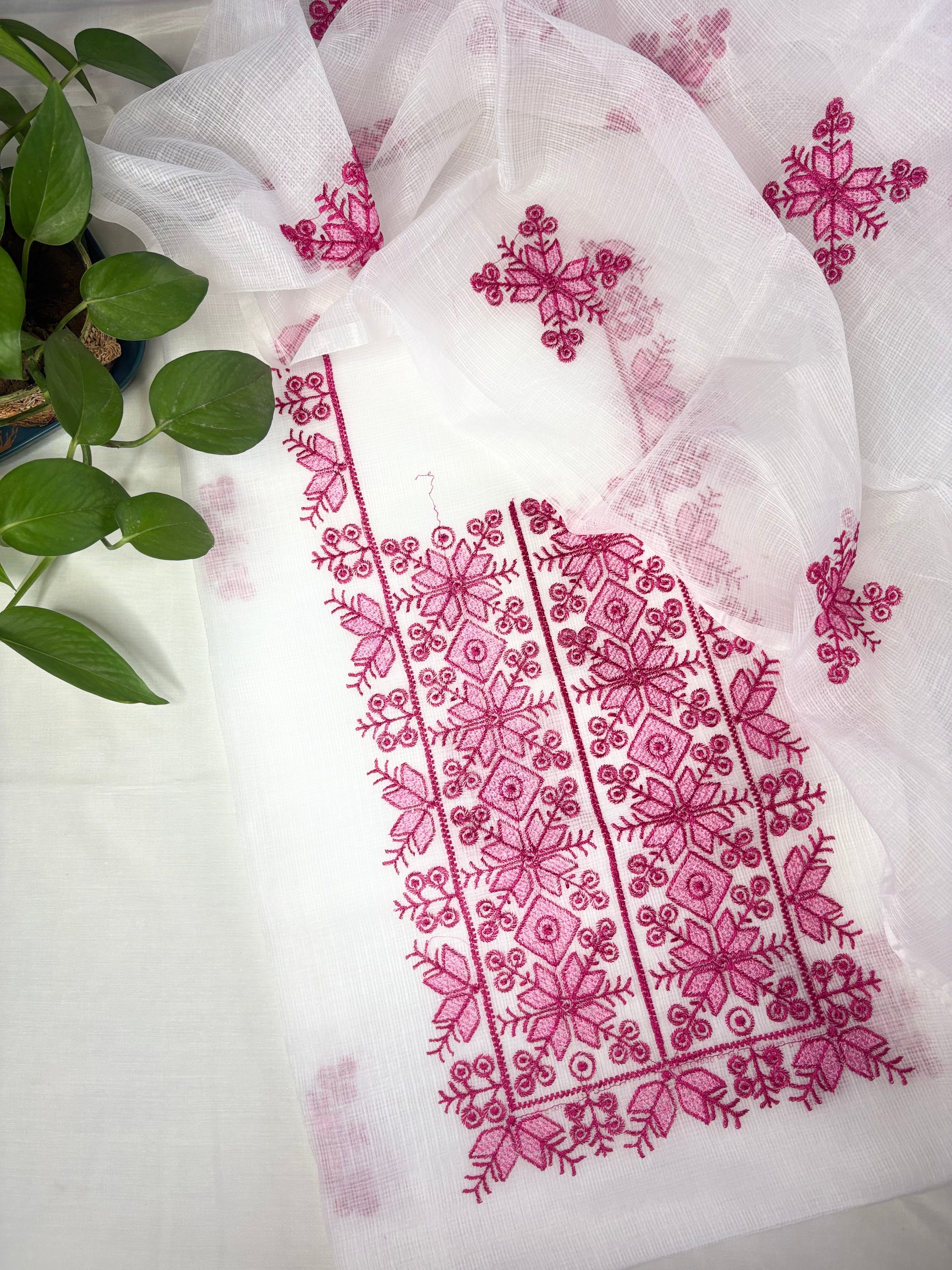 Chanda- Beautiful Kota Doria Suit In white Colour With pink Embroidery Work