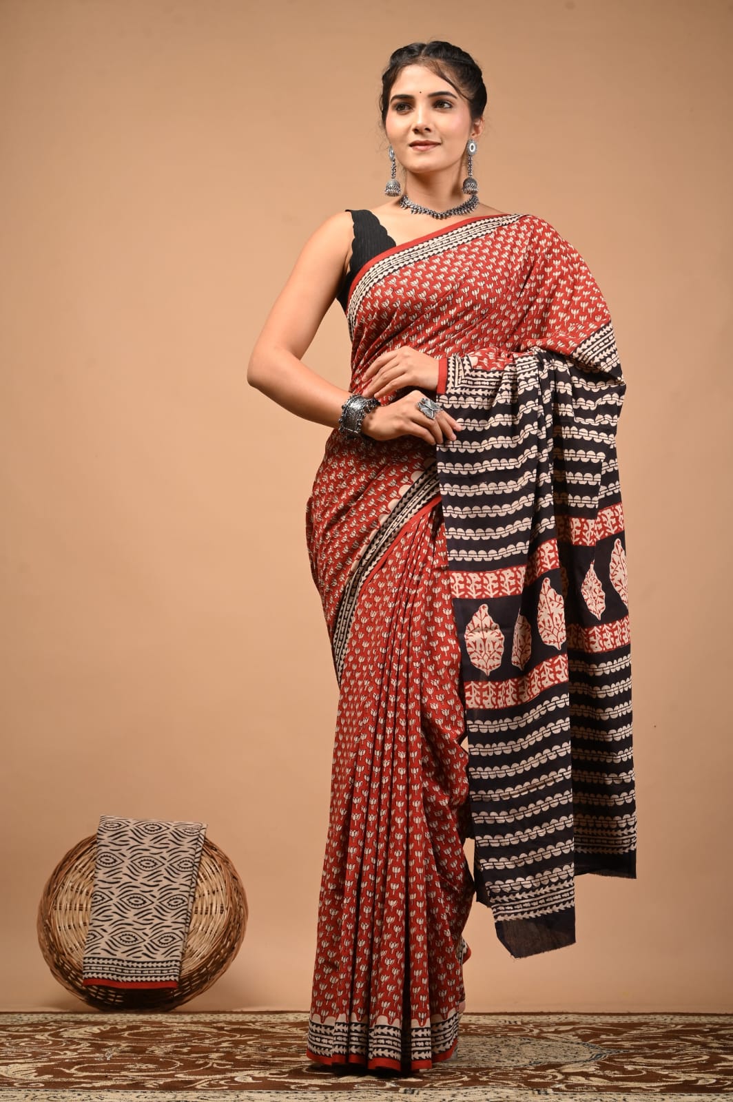 Red Spring Floral Hand Block Print MulMul Cotton Saree