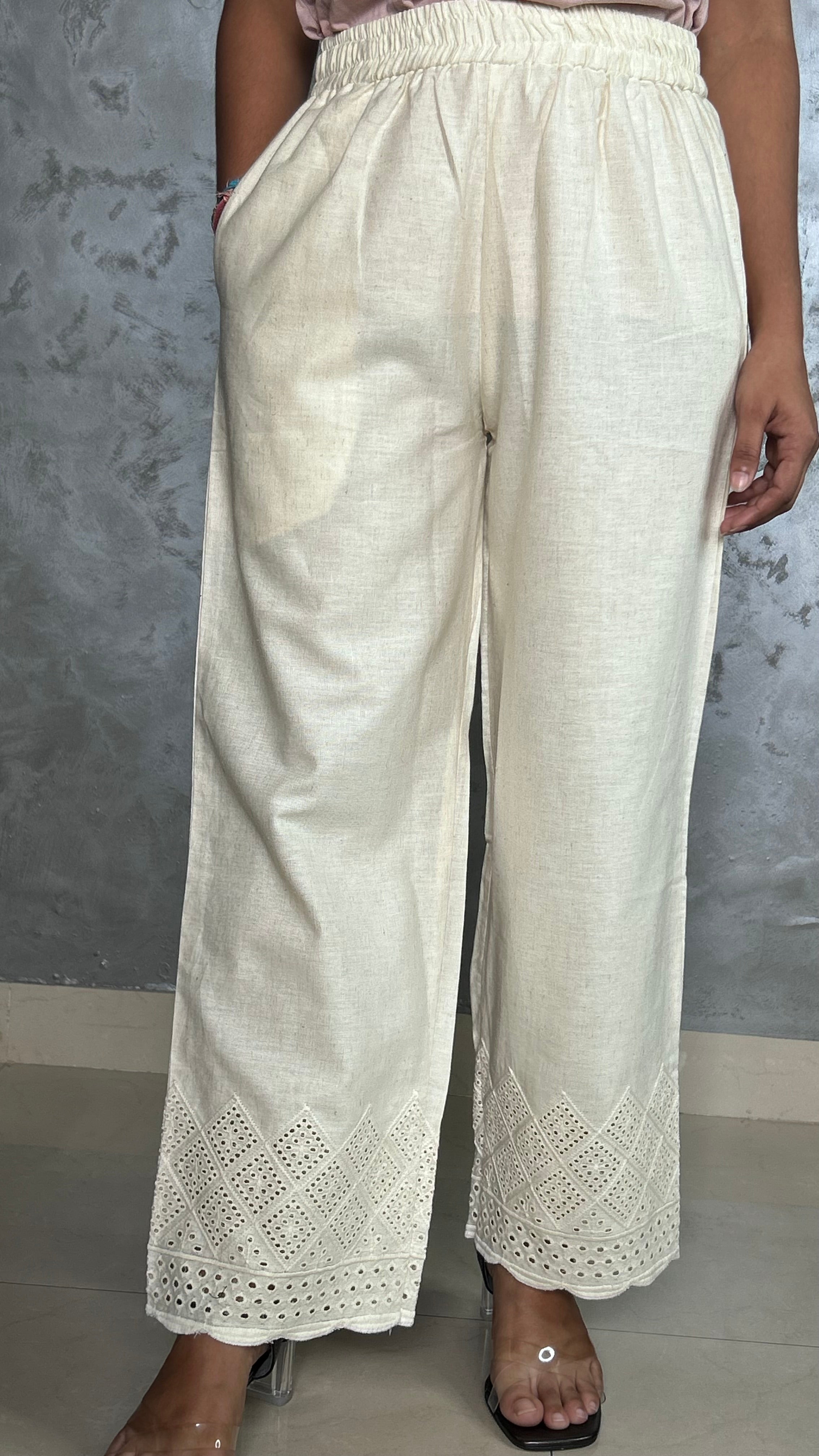 Pakistani Cut Work Cream Straight Pant In Khadi Cotton