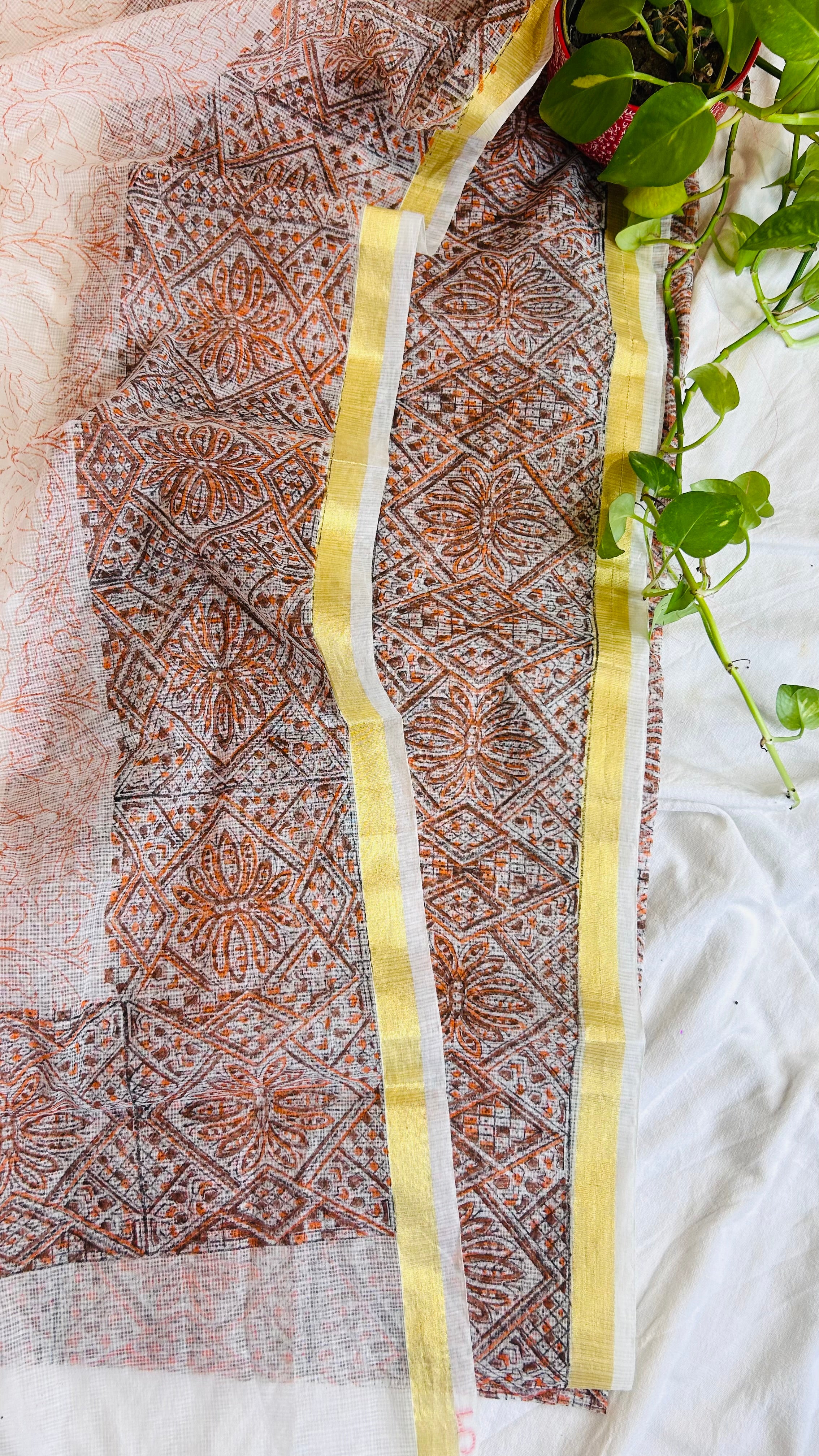 Summer Look Kota Doria Hand Block Print Suit In Cream (unstitched)