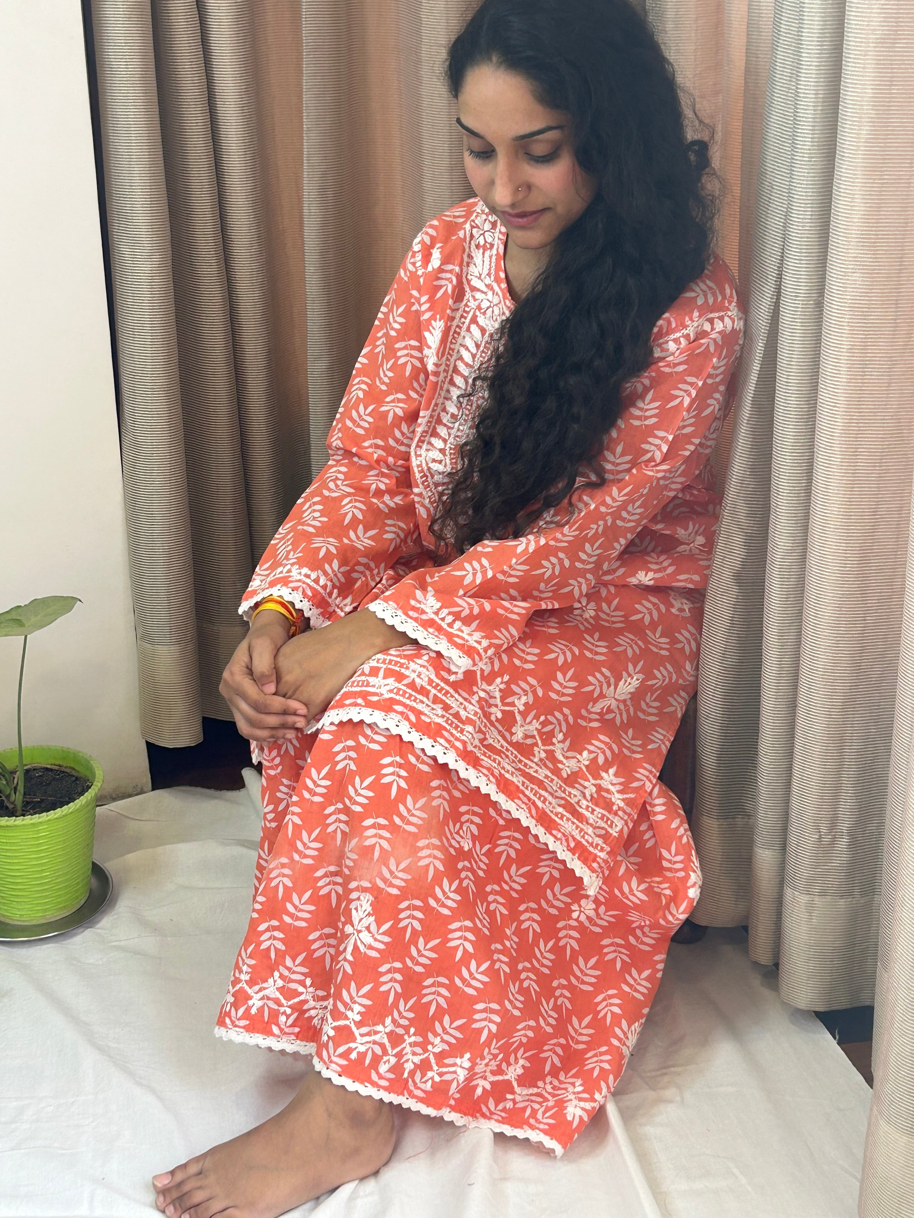 Orange Floral Lucknowi Cotton Chikankari Sharara Set