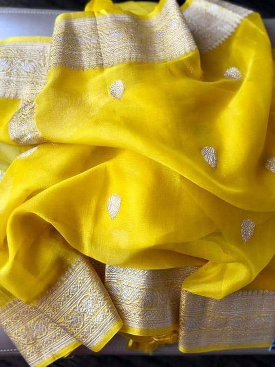 Yellow buti Jaal Banarasi Khaddi Georgette Saree