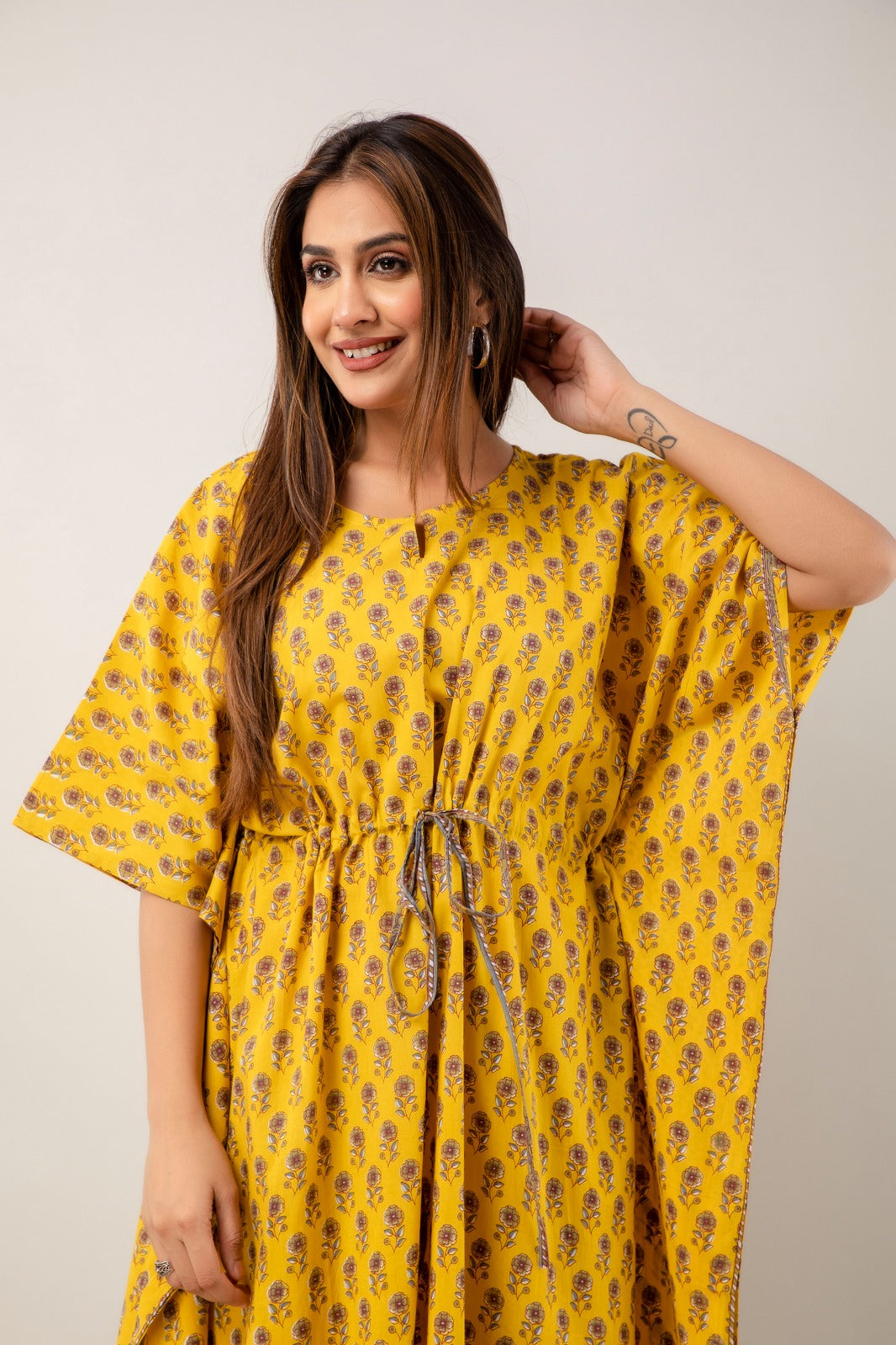 Flora Cotton Kaftan In Yellow