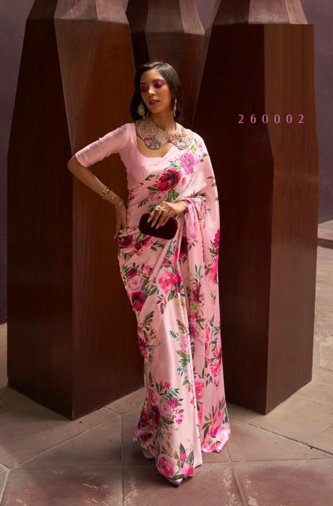Digital Floral Print Saree In Hot Pink