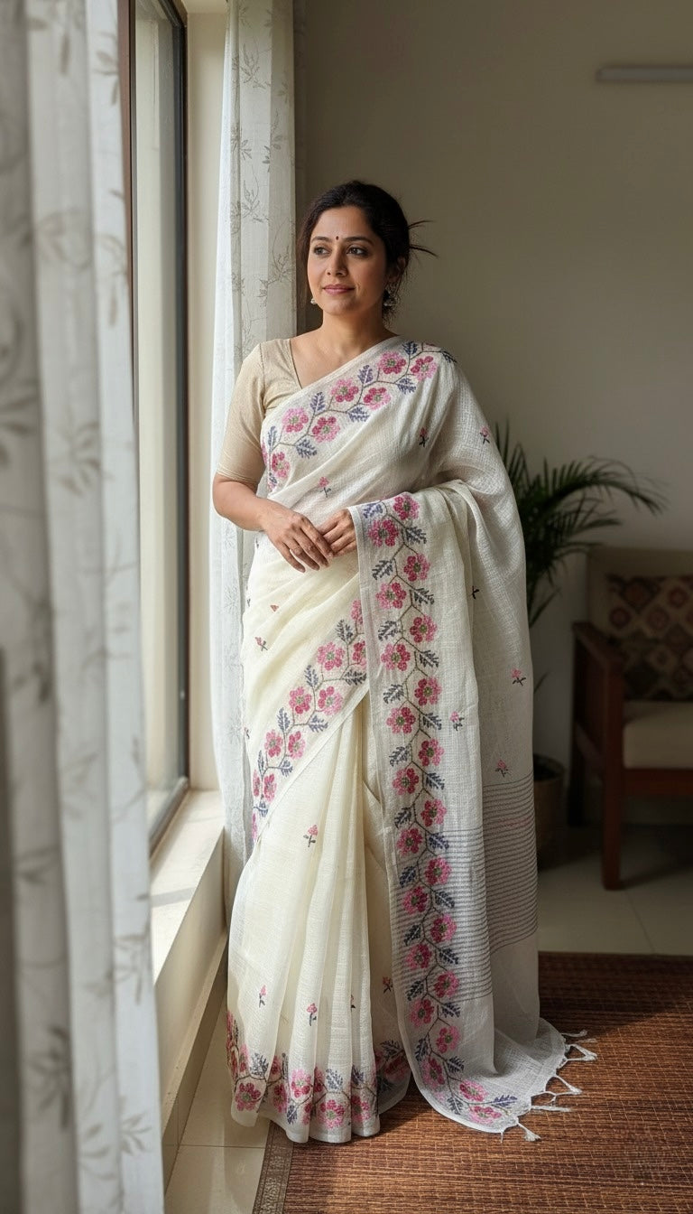 Rajmati- Cross Stitch Kota Doria Embroidery Work Saree In White