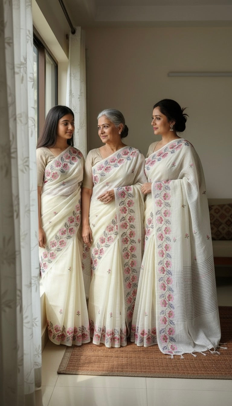 Rajmati- Cross Stitch Kota Doria Embroidery Work Saree In White