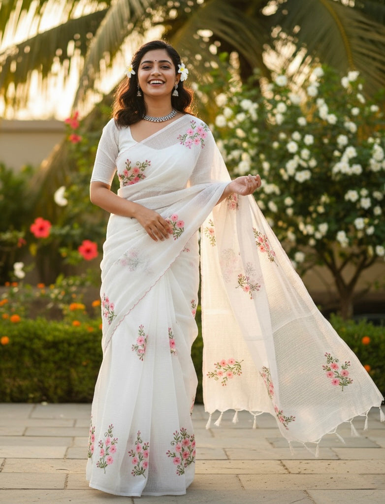 Buy White Kota Doria Embroidery Work Saree