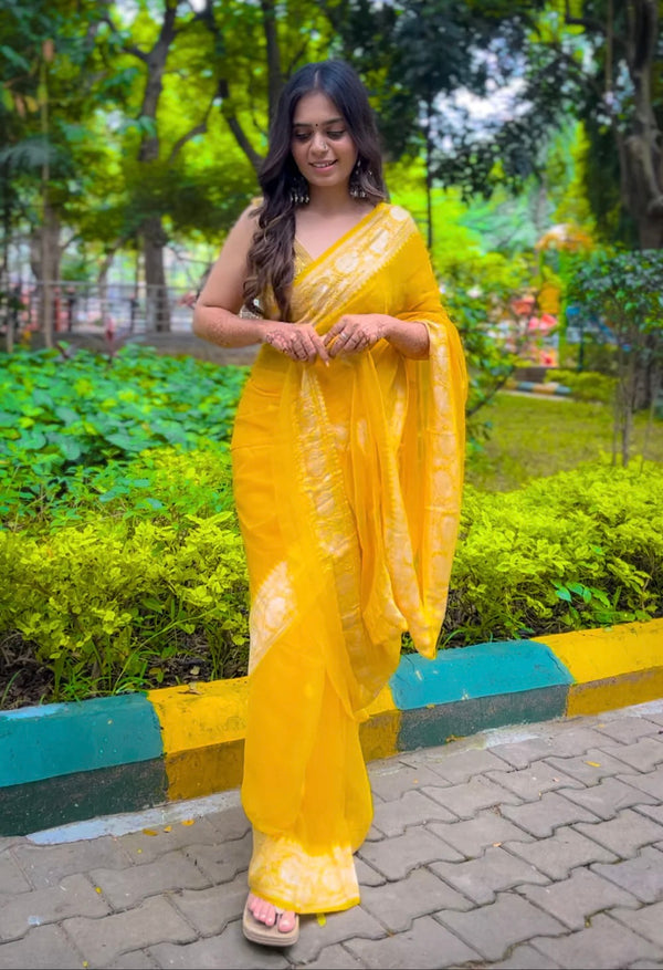 Yellow Banarasi Khaddi Georgette Saree
