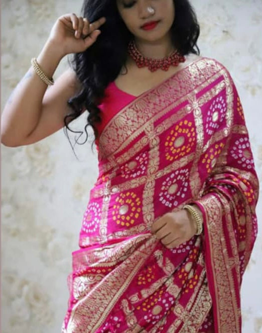 Pink Bandhej Banarasi Silk Saree