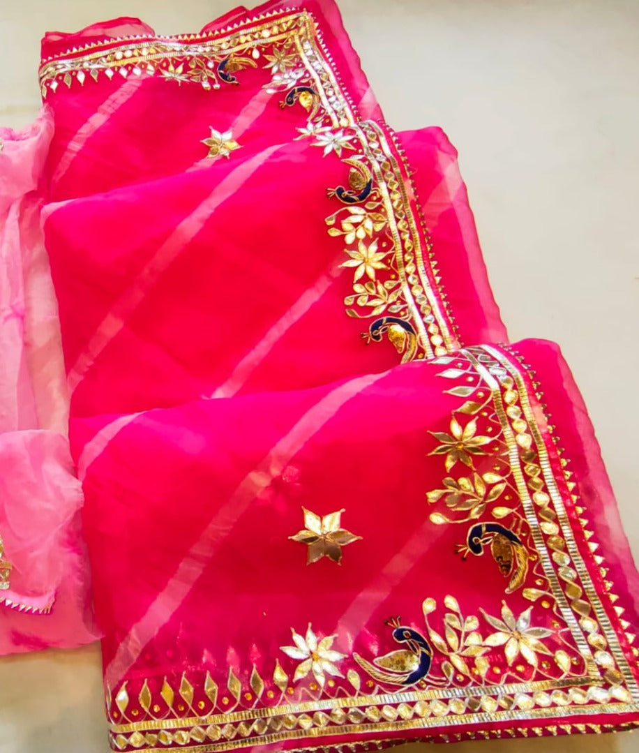 Organza Gota Patti Work Saree In Pink