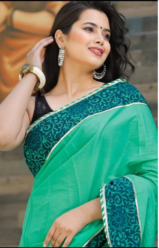 Mulmul Cotton Saree In Green