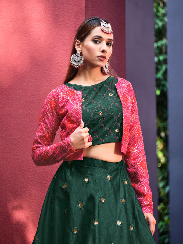 Lehenga With Jacket In Green (Semi - Stitched)
