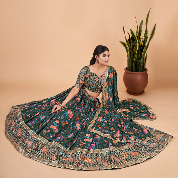 Green Floral Organza Lehenga (Semi-Stitched)
