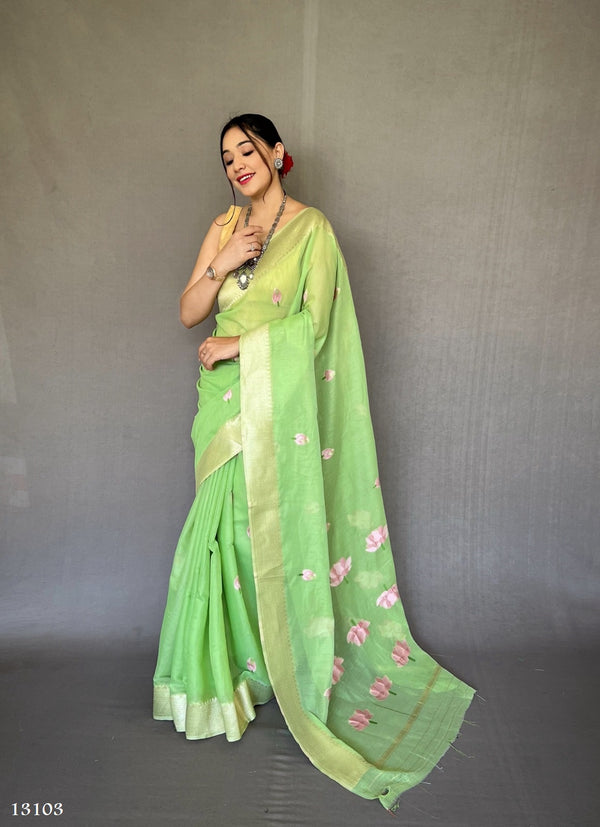 Linen Cotton saree in Green