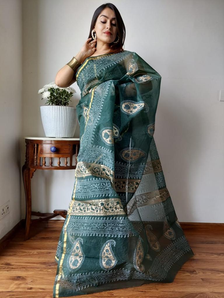Organza Hand Painted Saree In Green