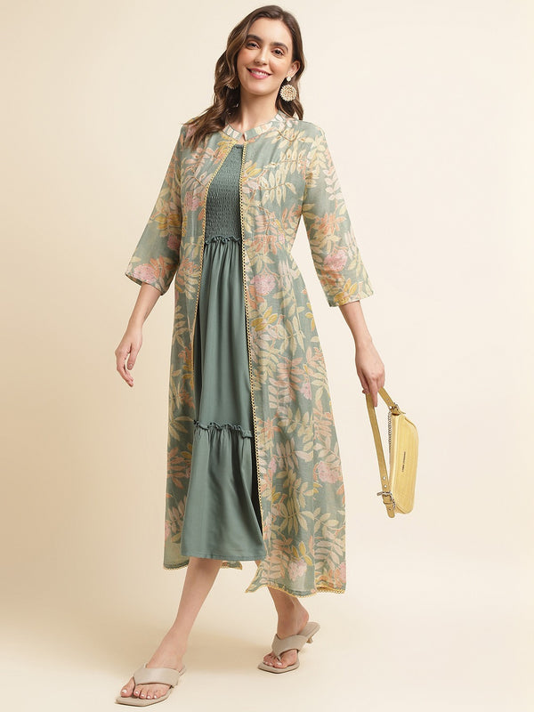 Green Cotton Party Wear Kurti With Shrug