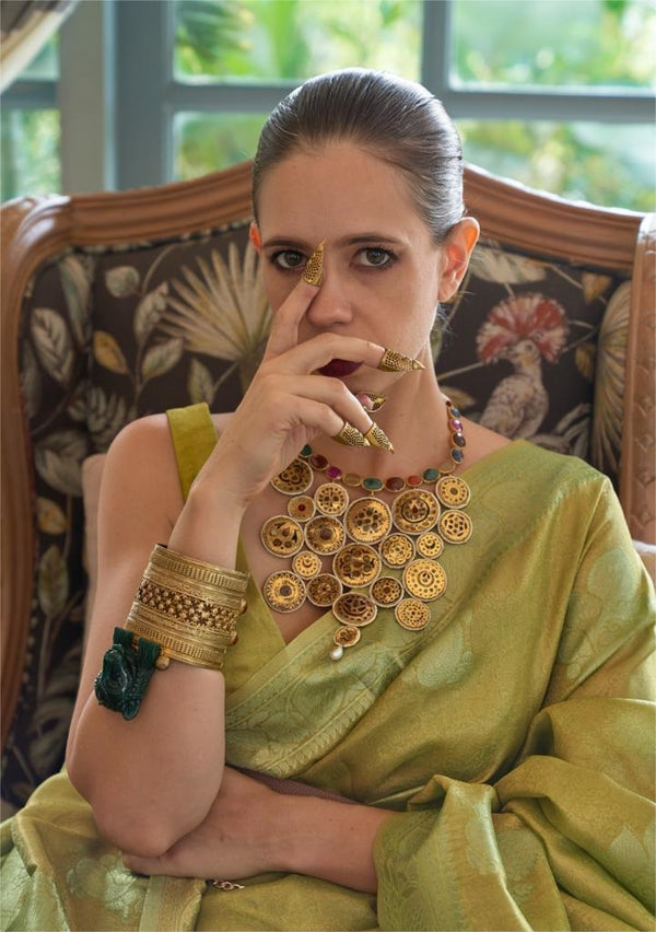 Green Satin Tissue Handloom Saree