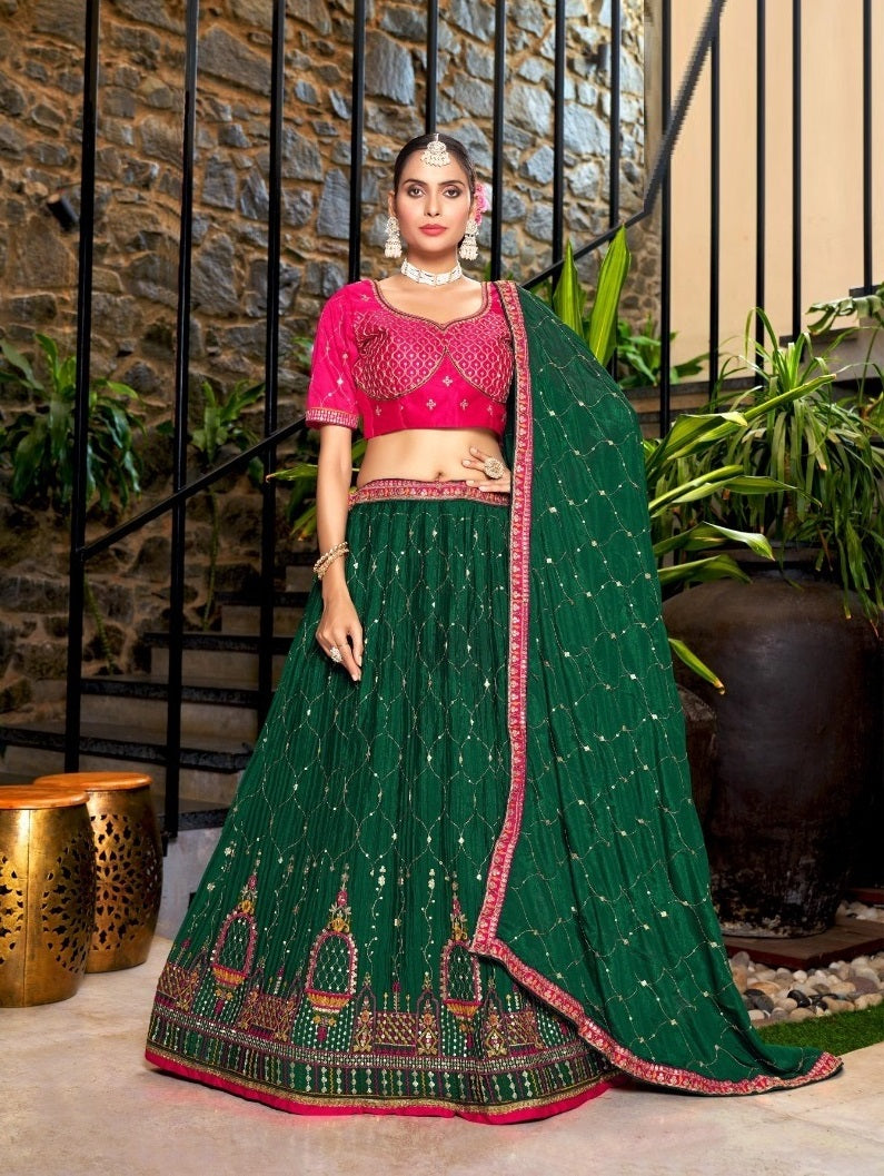 Reception Lehenga In Green ( Semi Stitched)