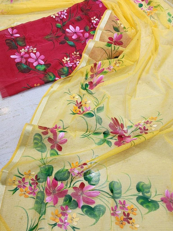 Pink Kota Doria Hand Painting Suit