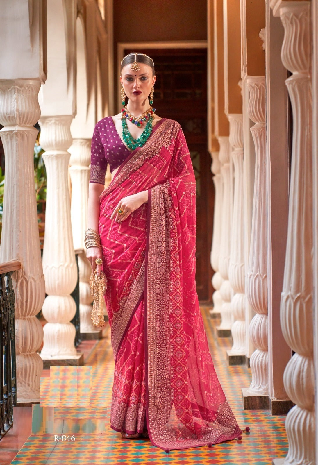 Leheriya Georgette Saree in Hot Pink