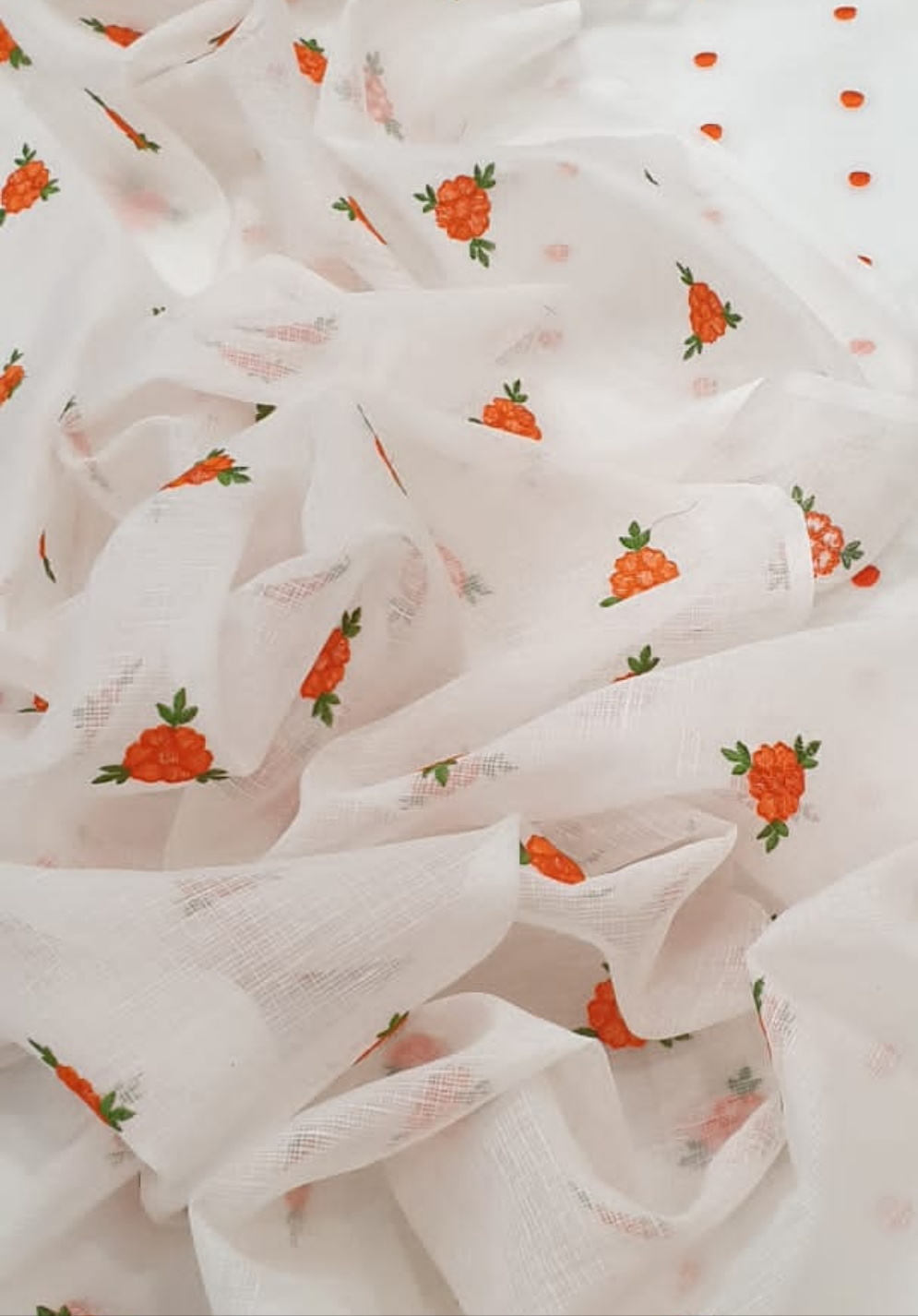 Kota Doriya Embroidery Work Suit In white Colour with orange dotted touch
