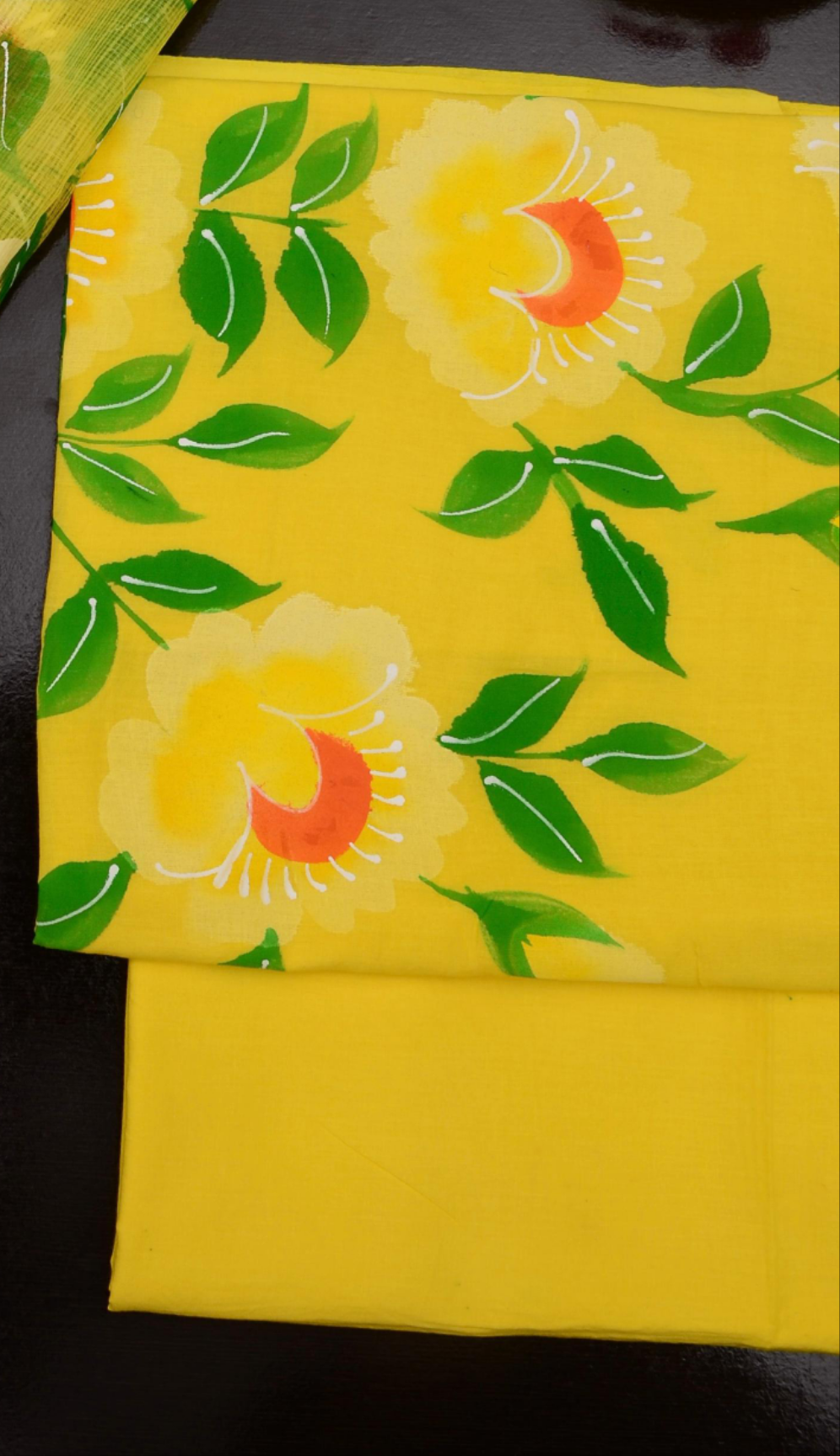 Yellow Hand Painted Cotton Kota Doria Suit With Dupatta