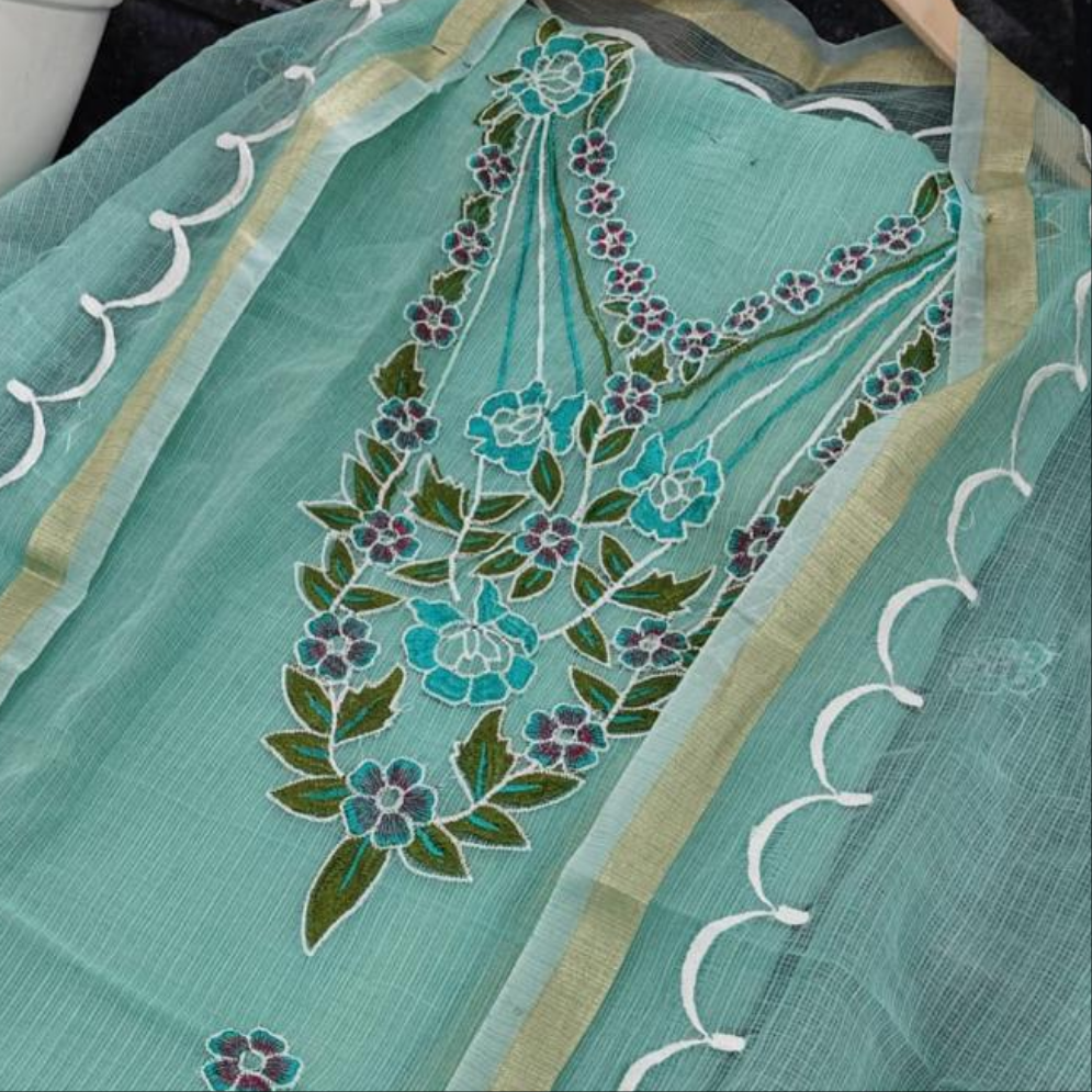 Kota Doria Embroidered Suit Set In Sea Green