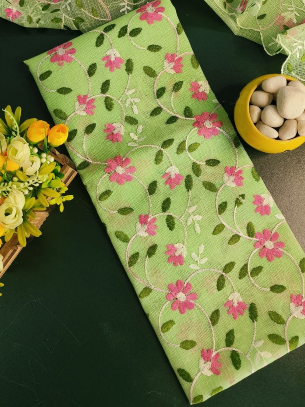 Kota Doriya Embroidery Work Suit In  Green