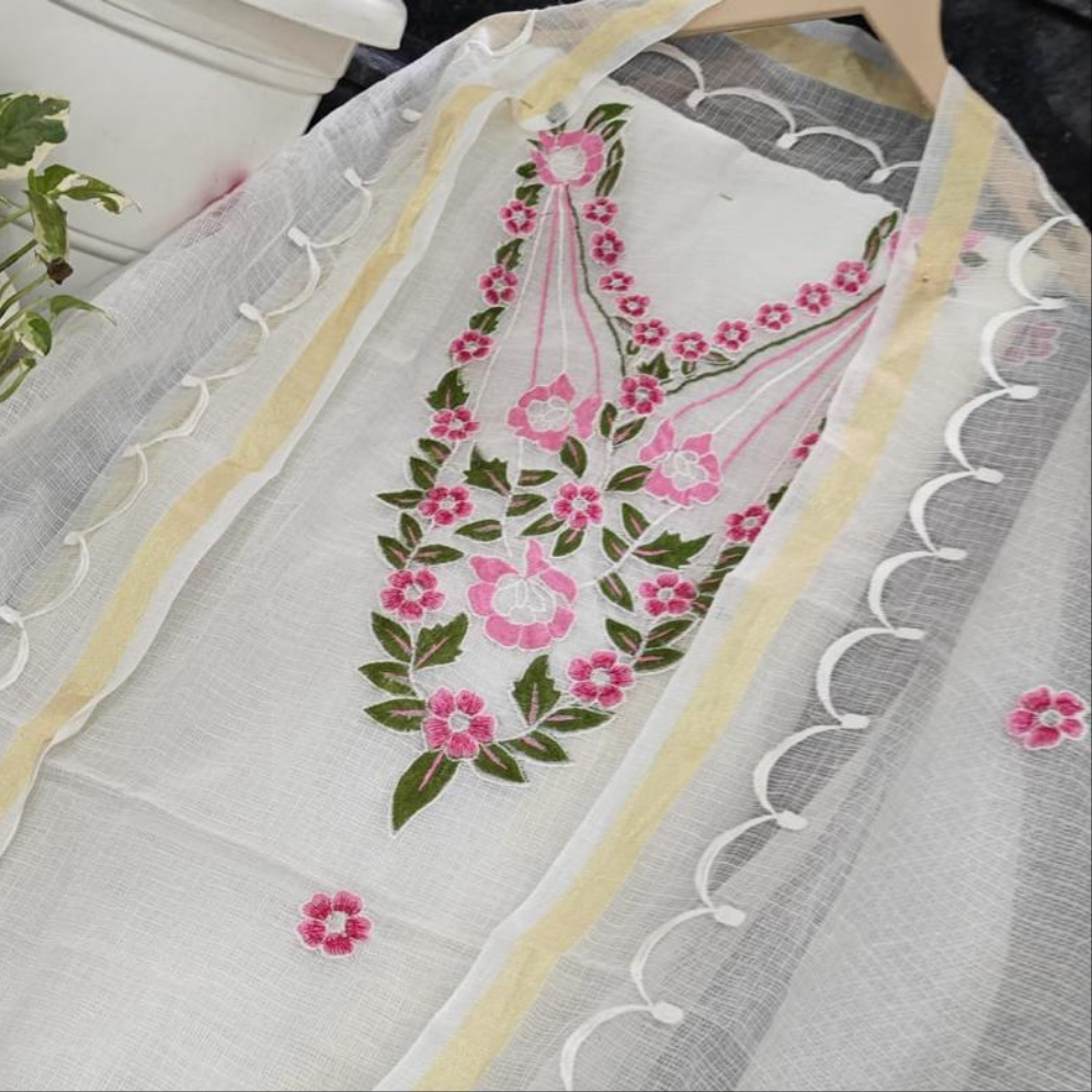 Kota Doria Embroidered Suit Set In White