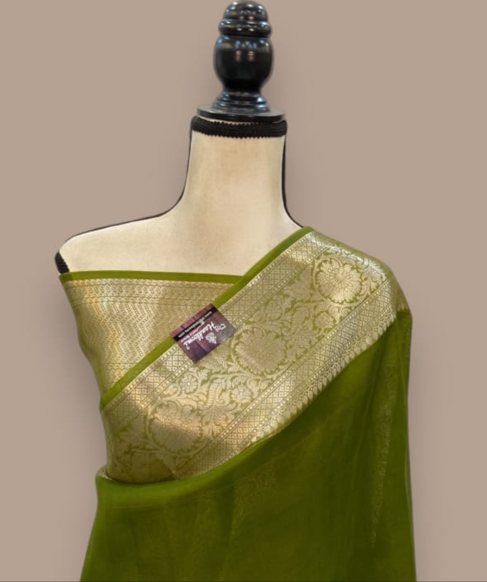 Green Banarasi Semi Kora Organza Saree