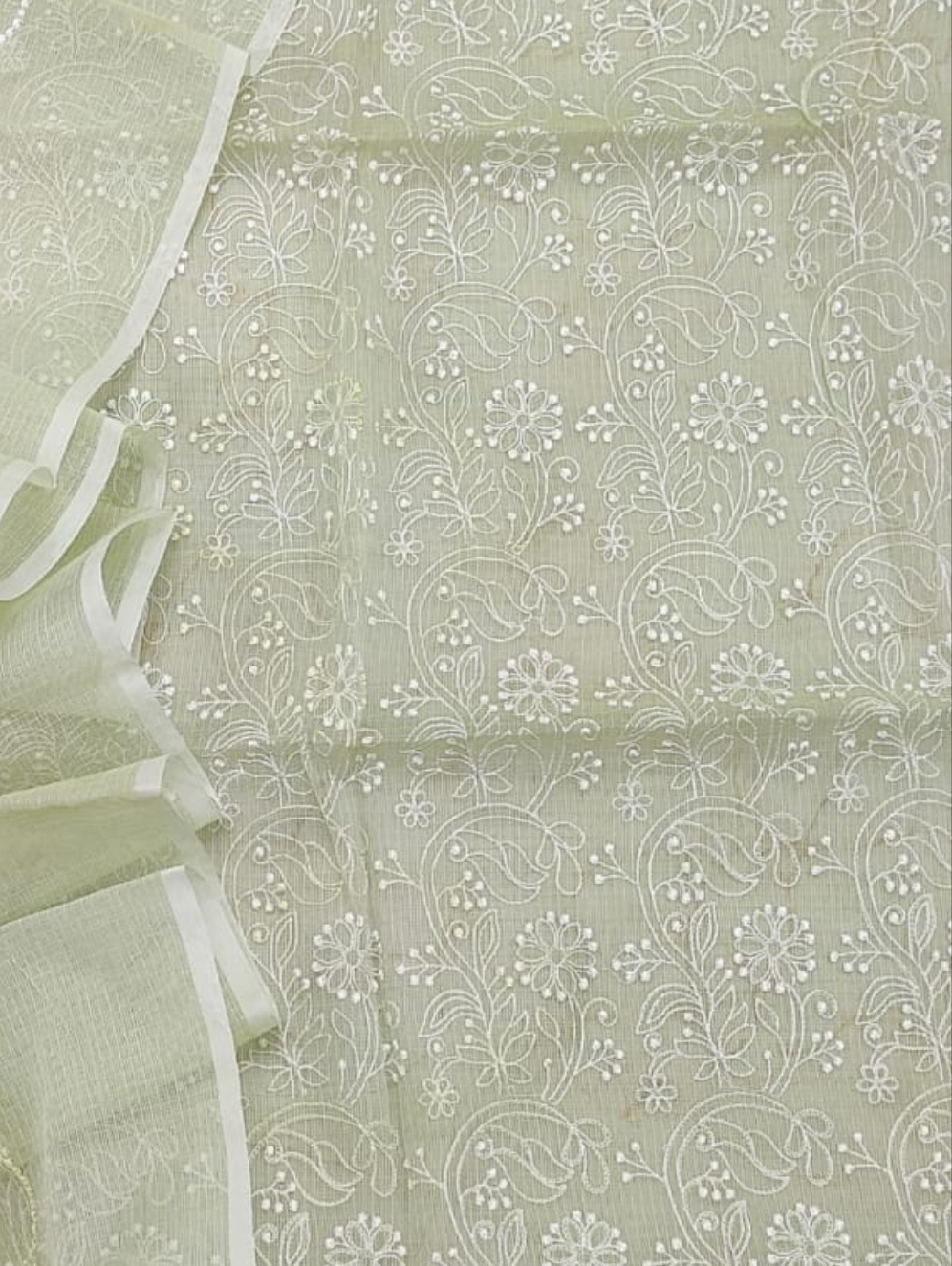 Light Green Kota Doria Embroidery Suit With Dupatta