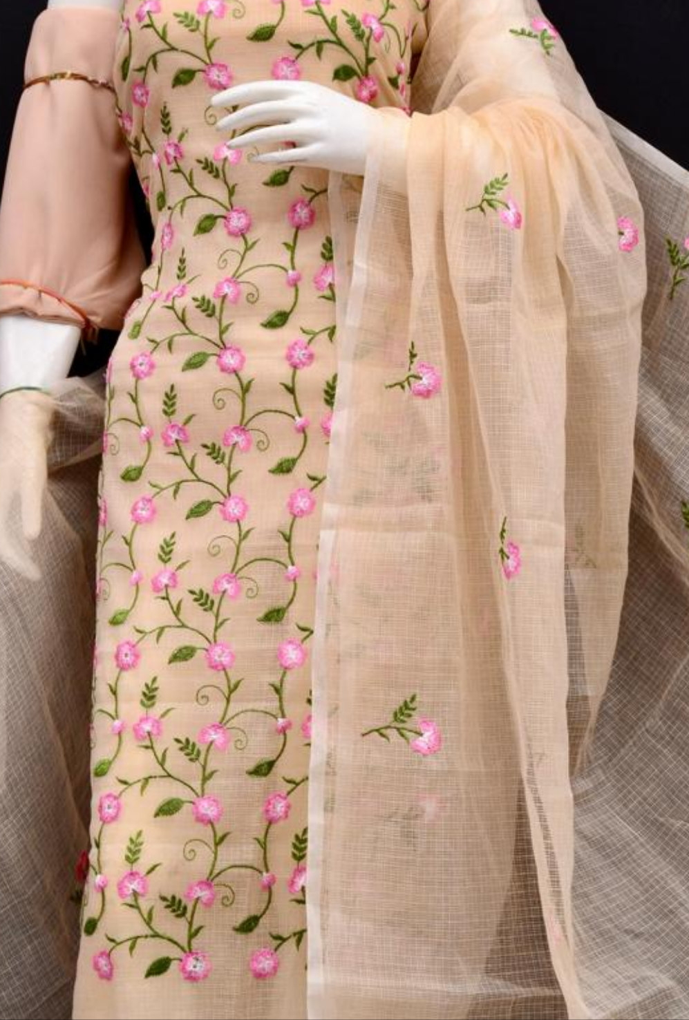 Kota Doria Embroidered Suit Set In Peach