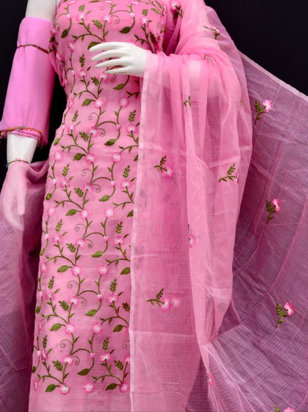 Kota Doria Embroidered Suit Set In Pink