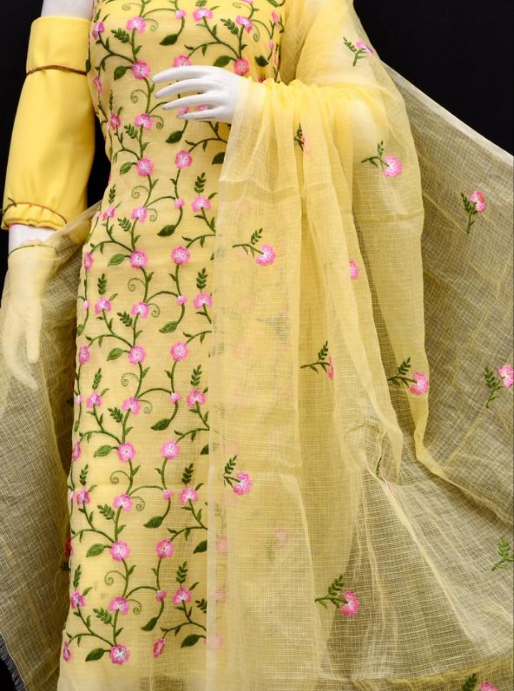 Kota Doria Embroidered Suit Set In Yellow