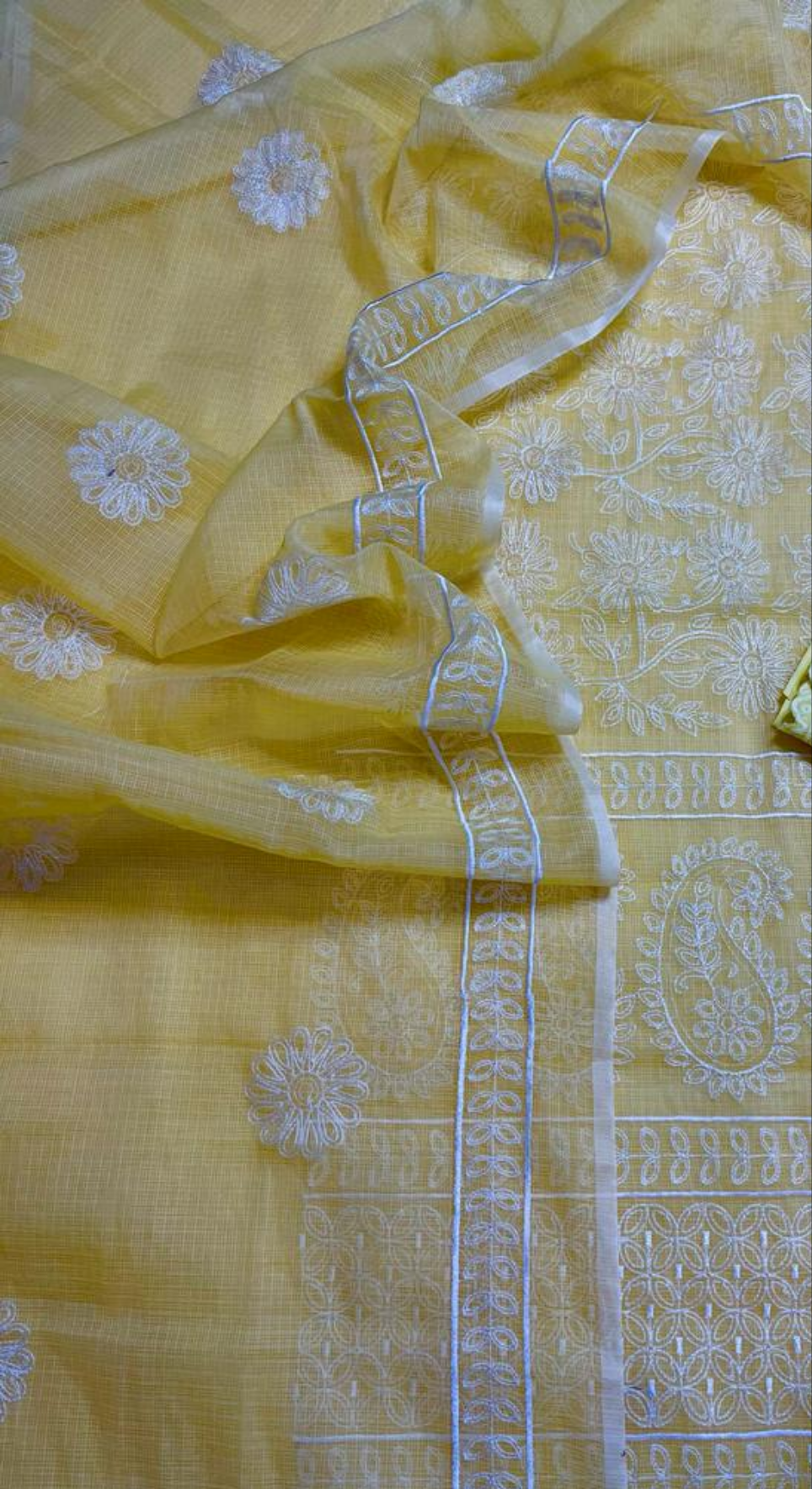 Yellow Embroided Cotton Kota Doria Suit Fabric With Dupatta