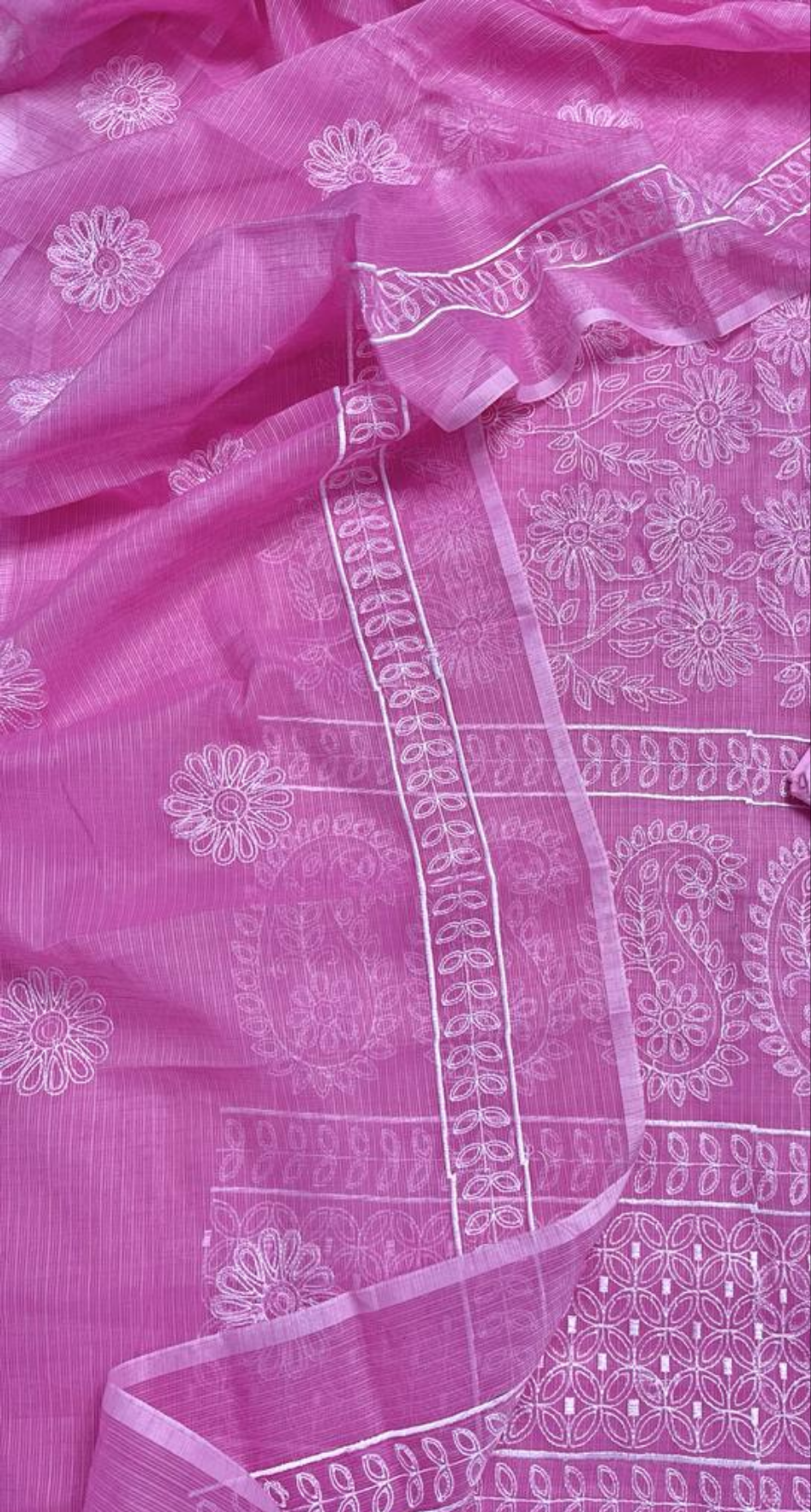 Pink Embroided Cotton Kota Doria Suit Fabric With Dupatta