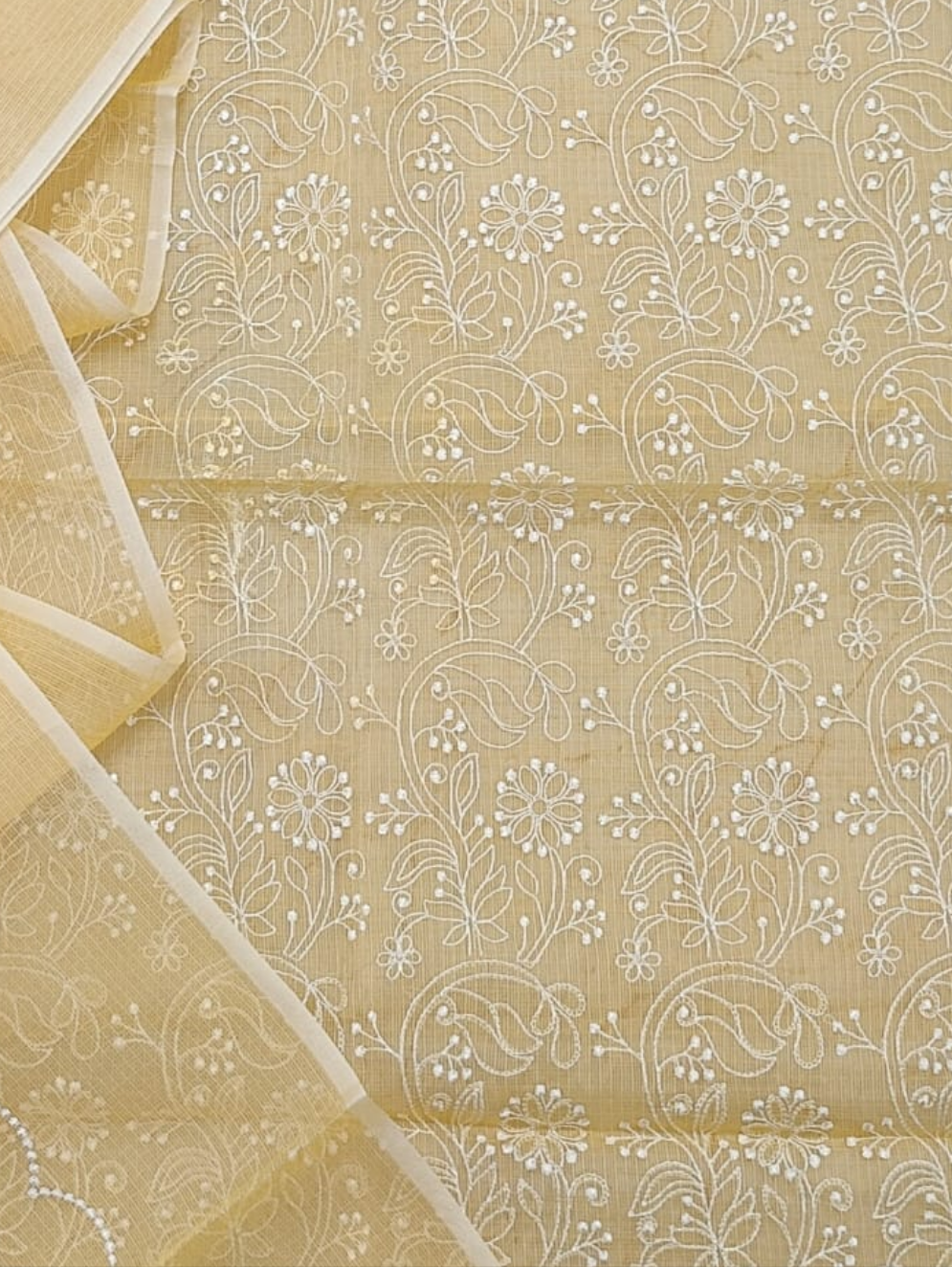Yellow Kota Doria Embroidery Suit With Dupatta