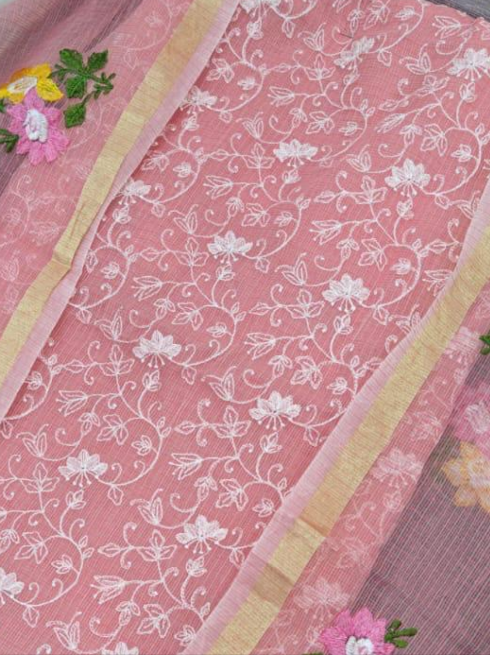 Kota Doria Embroidered Suit Set In peach